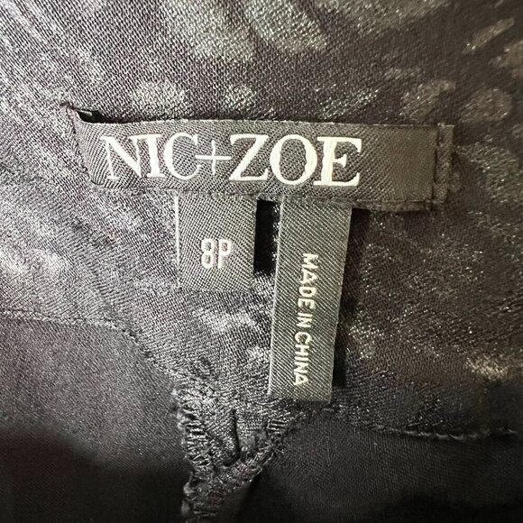 Nic + Zoe Pants Womens Size 8P Black Animal Print Pull On Ankle Side Slits - Picture 2 of 13